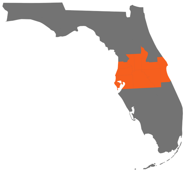 Map of Florida with the Central Florida counties we serve highlighted